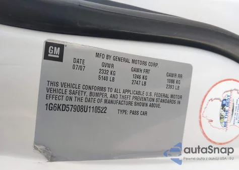 2008 Cadillac Dts 1Se z USA, uszkodzony, nr VIN 1G6KD57908U110522